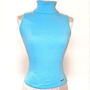 1997 LEI Turquoise Ribbed Turtleneck Sleeveless Top - XS